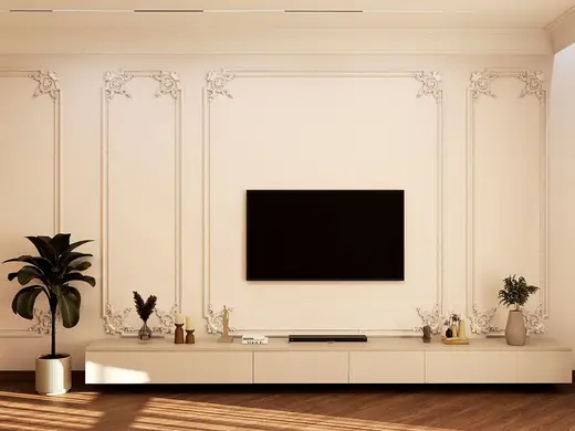 Parede da TV com boiserie (imagem ilustrativa)